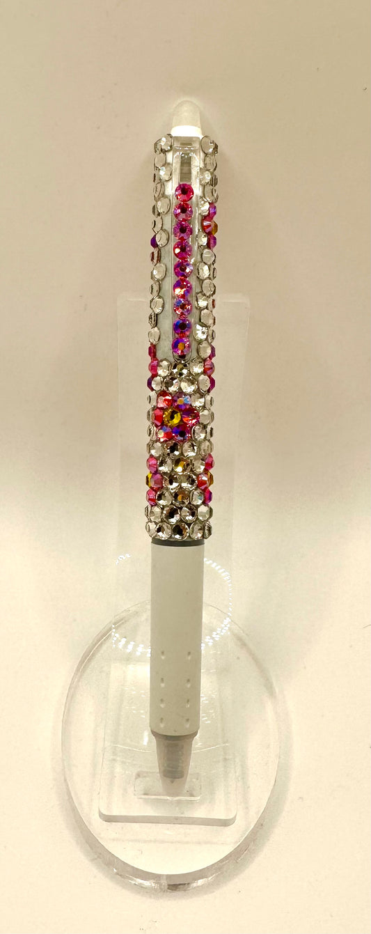 Pink flower rhinestone pen with white base