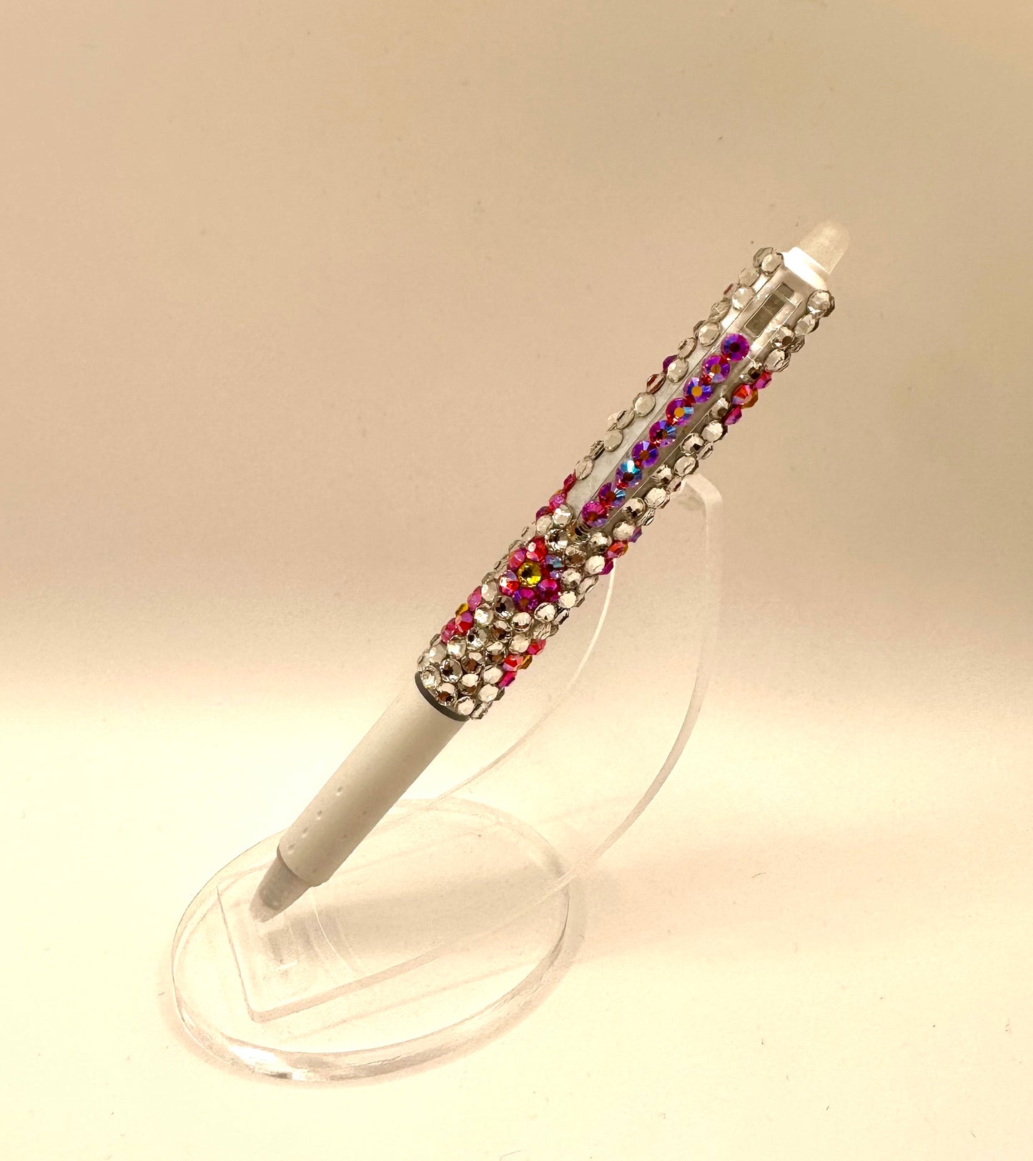 Pink flower rhinestone pen with white base